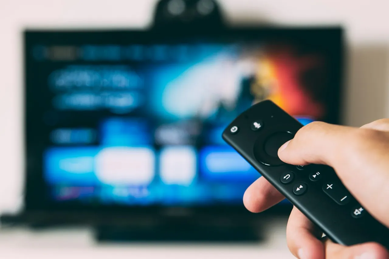 A hand holding a remote control in front of a television