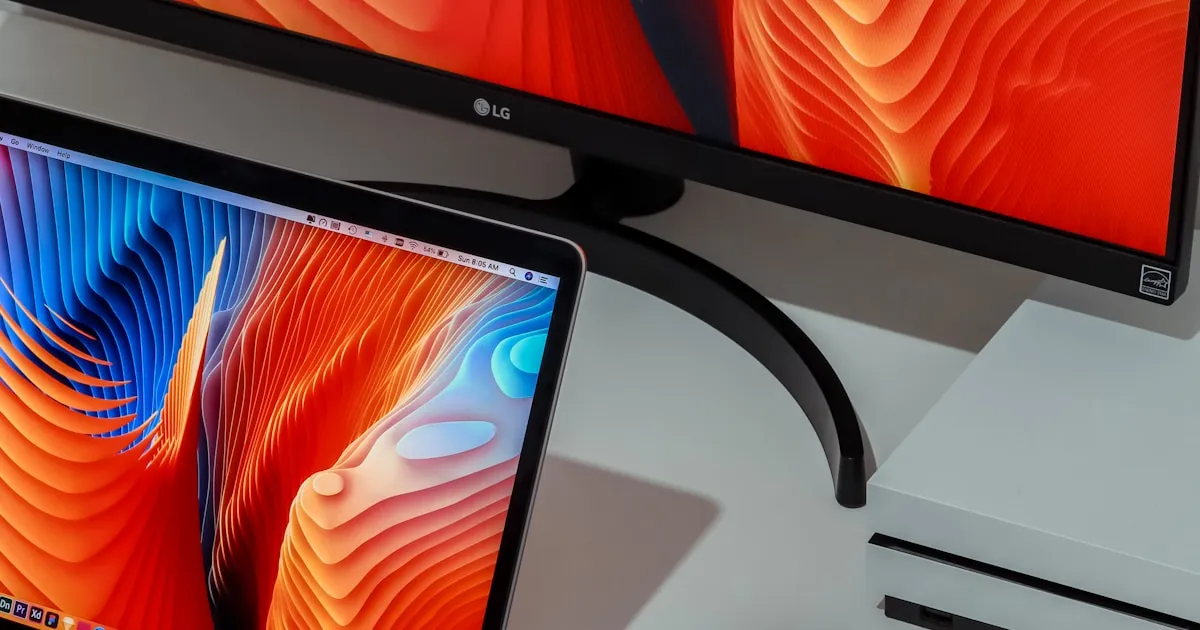 A desktop display and tablet with colourful screens
