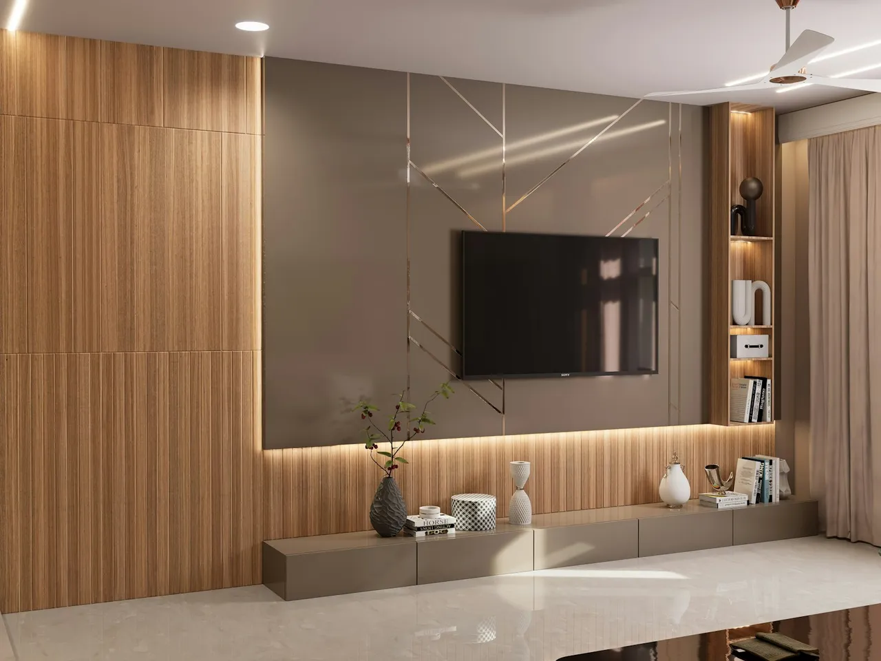 A television installed in a wood-panelled living room