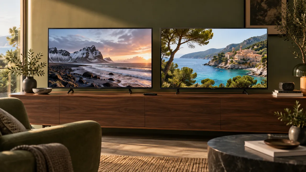 AI-generated illustration of two televisions displaying coastal landscapes on a wooden console
