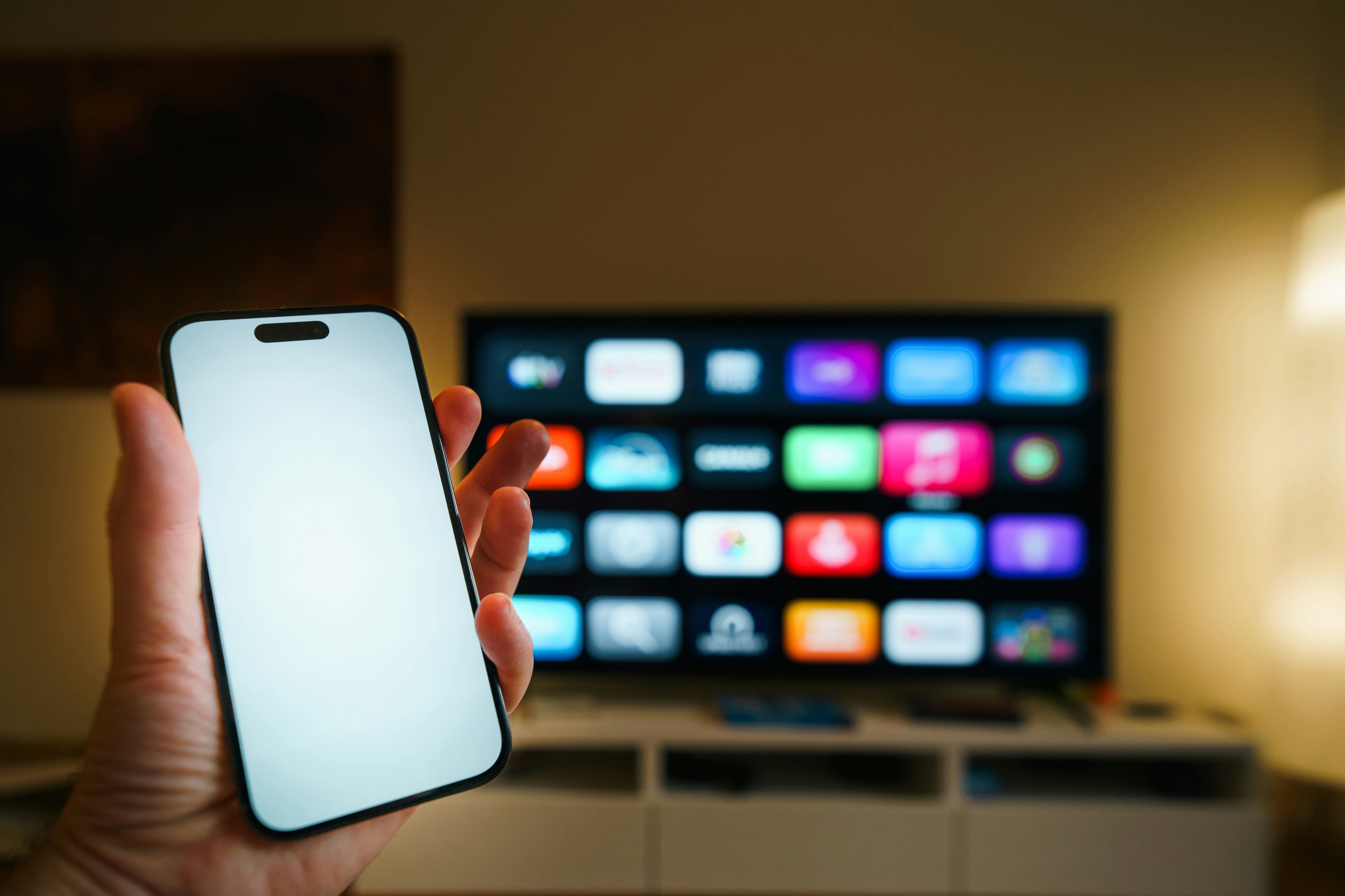 A modern TV streaming interface in a Scandinavian living room