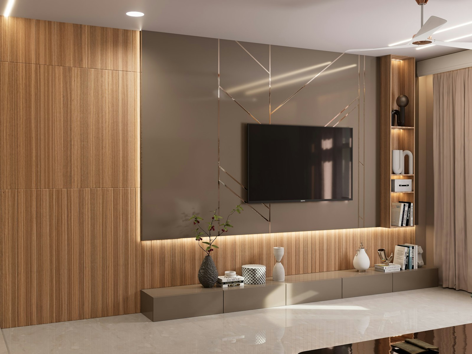 Modern living room with a large television mounted above a media unit